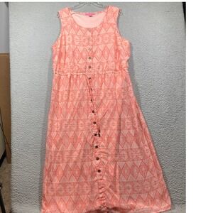Woman Within Maxi Dress 22W‎ Coral Geometric Print Sleeveless Drawstring Waist